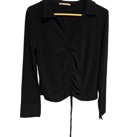 Zara Long Sleeves Gathered Blouse with Ties In Front bottom Black Size Medium - Picture 2 of 6